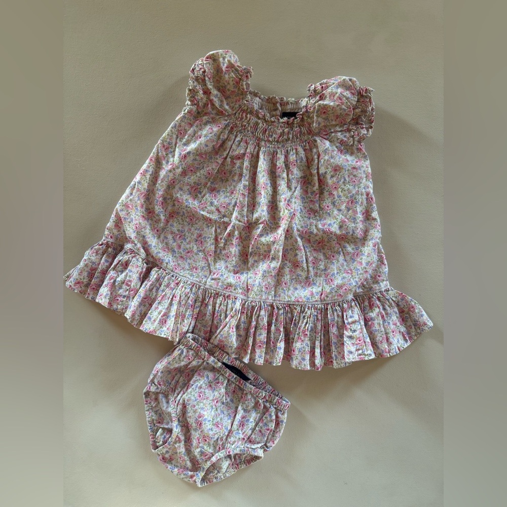 Ralph Lauren floral lace ruffle peplum sleeve smocked neck dress